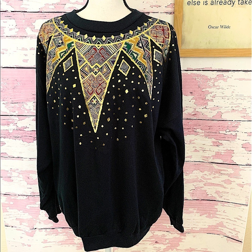 TEE DEE’S VINTAGE Black Gold Shiny Holiday Christmas Party Sweater Large